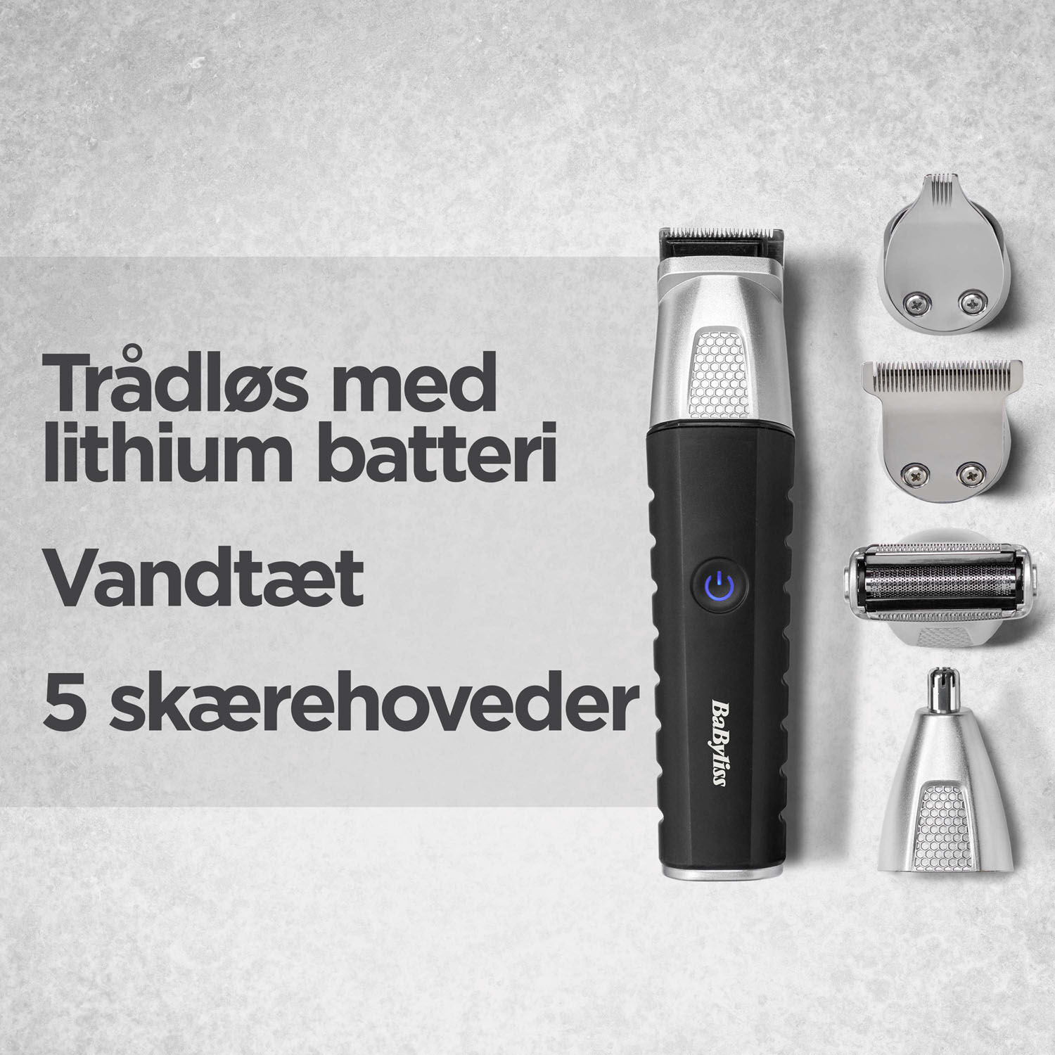 Tr&aring;dl&oslash;s med lithium batteri. Vandt&aelig;t. 5 sk&aelig;rehoveder
